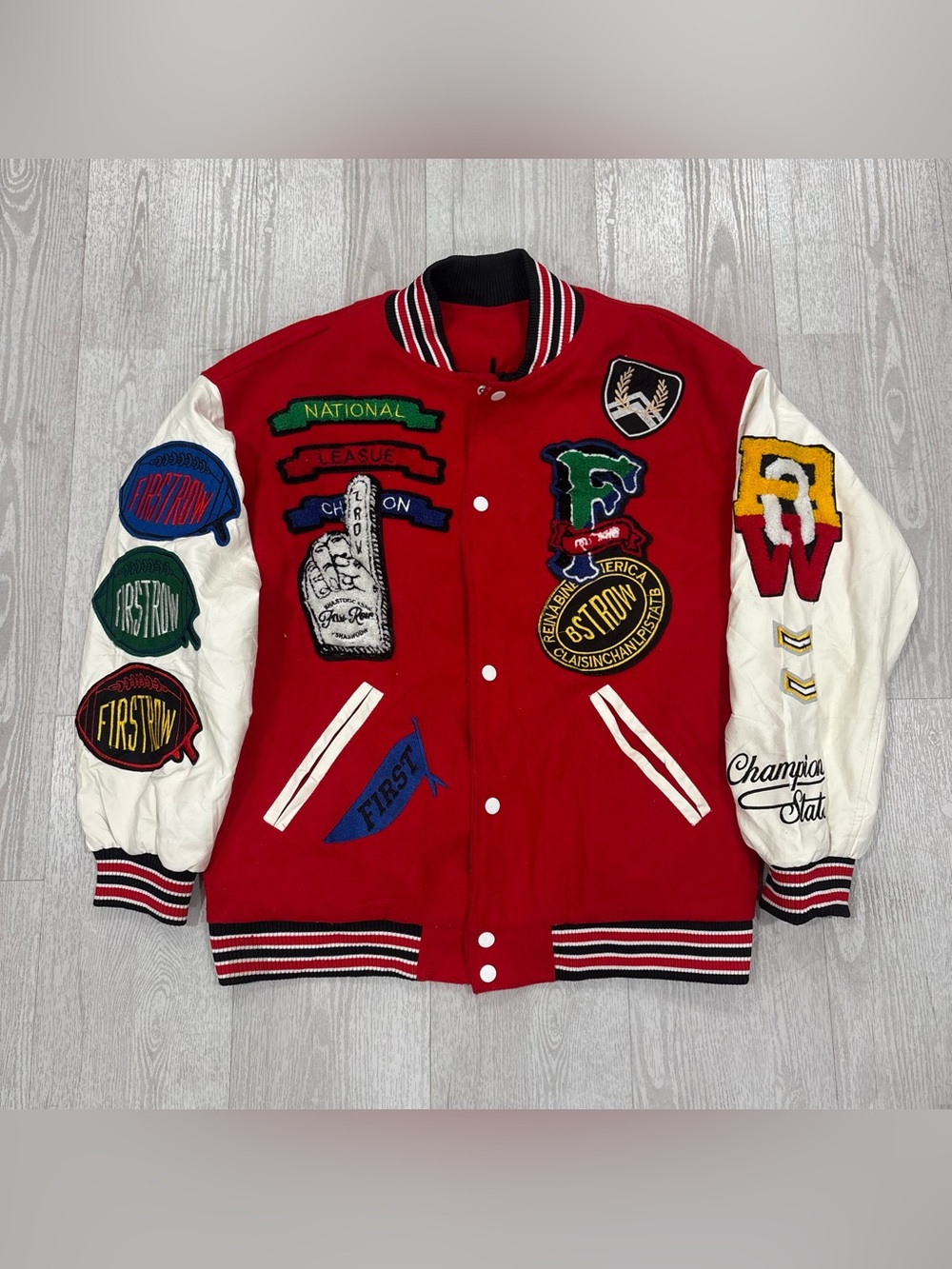 Vintage Men's "Firstrow" Red and White Patchwork Varsity Letterman Jacket